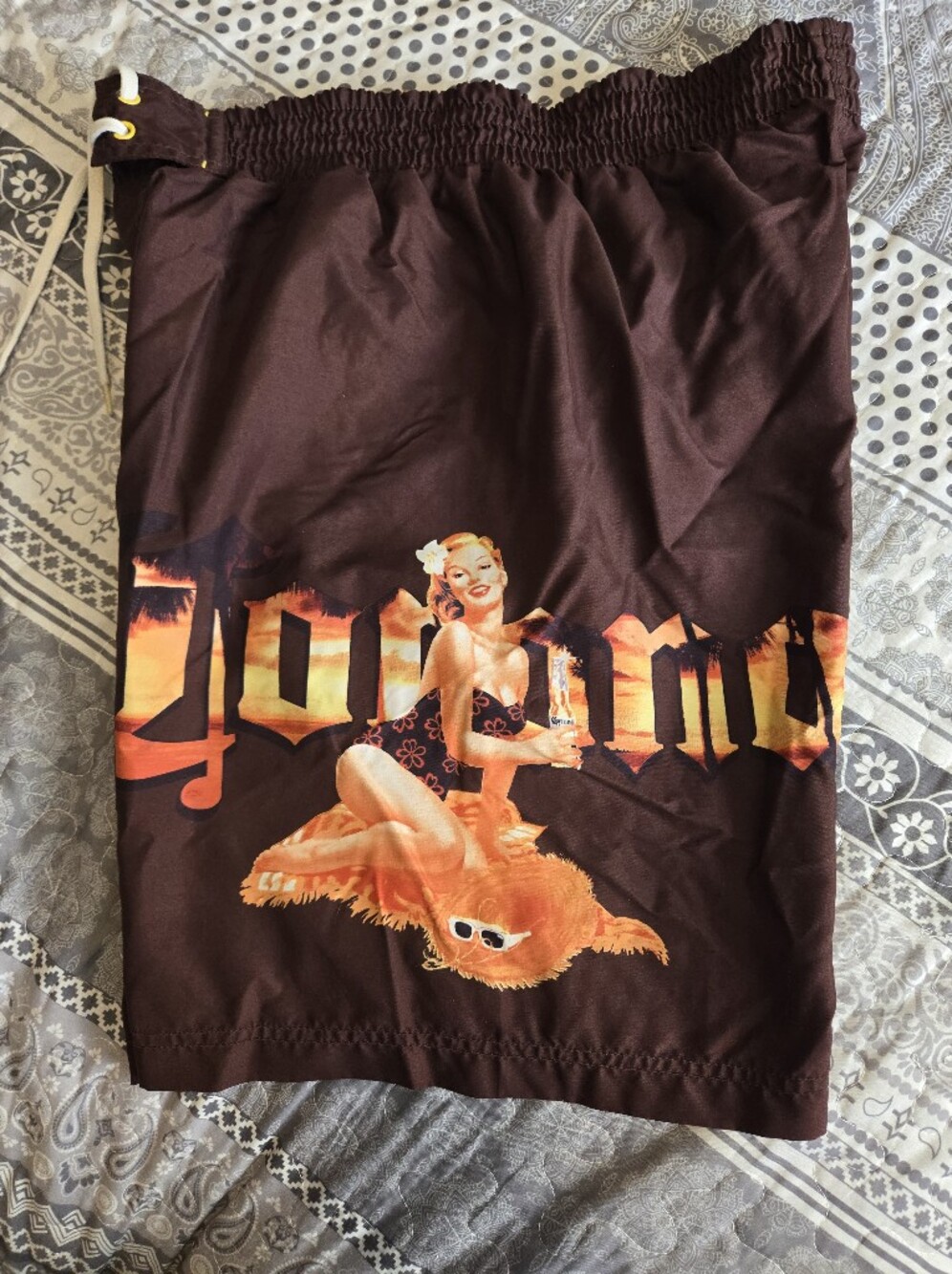 Corona Brown Swim Trunks with Orange Graphic